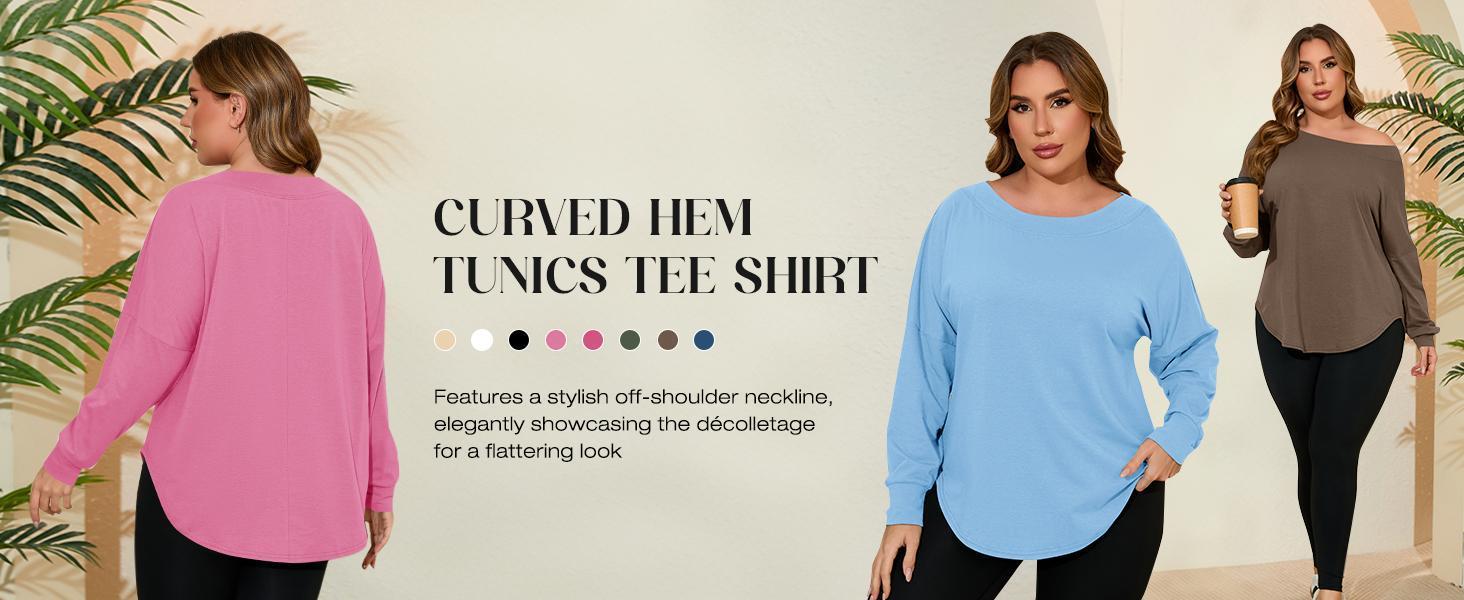 【XL-5XL】【Runs Small】Imily Bela Curve Women's Plus Size Long Sleeve Loose T Shirts Casual Curved Hem Tunics Tee Shirt Beige Basic Minimalist Blouse