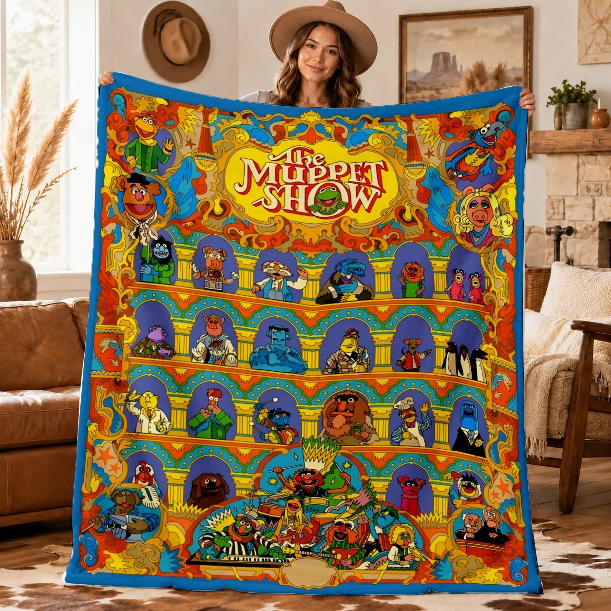 Muppet Show Character Collage Throw Blanket, Vintage Kermit Miss Piggy Poster Print, Flannel Sofa Decor Gift for Muppet Fans