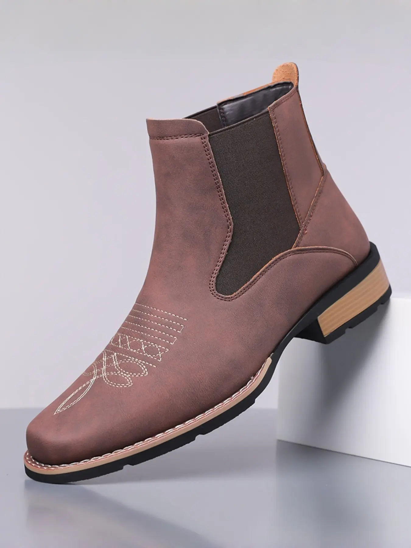 R003 Gold Thread Embroidered Chelsea Boots, Ankle Boots, Matte Soft Leather, PU, Rubber, Vintage Gold Pattern, Fall Winter Retro Fashion, Unique Style