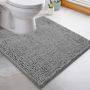 Toilet Rugs U Shaped Washable, Bathroom Toilet Mat, Extra-Soft Plush Bath Bathroom Rug,1'' Chenille Microfiber Material, Super Absorbent Shaggy Machine Wash & Dry (20 x 20 inch, Light Grey)