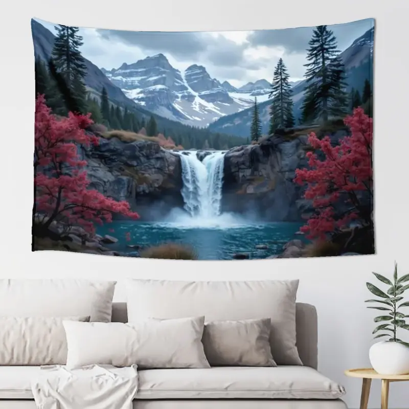 [2D flat]Creative design minimalist style print exquisite blanket with a landscape of waterfalls and redwood trees under snow-capped peaks, perfect for a nap or as a superb Christmas/New Year's/Valentine's Day gift