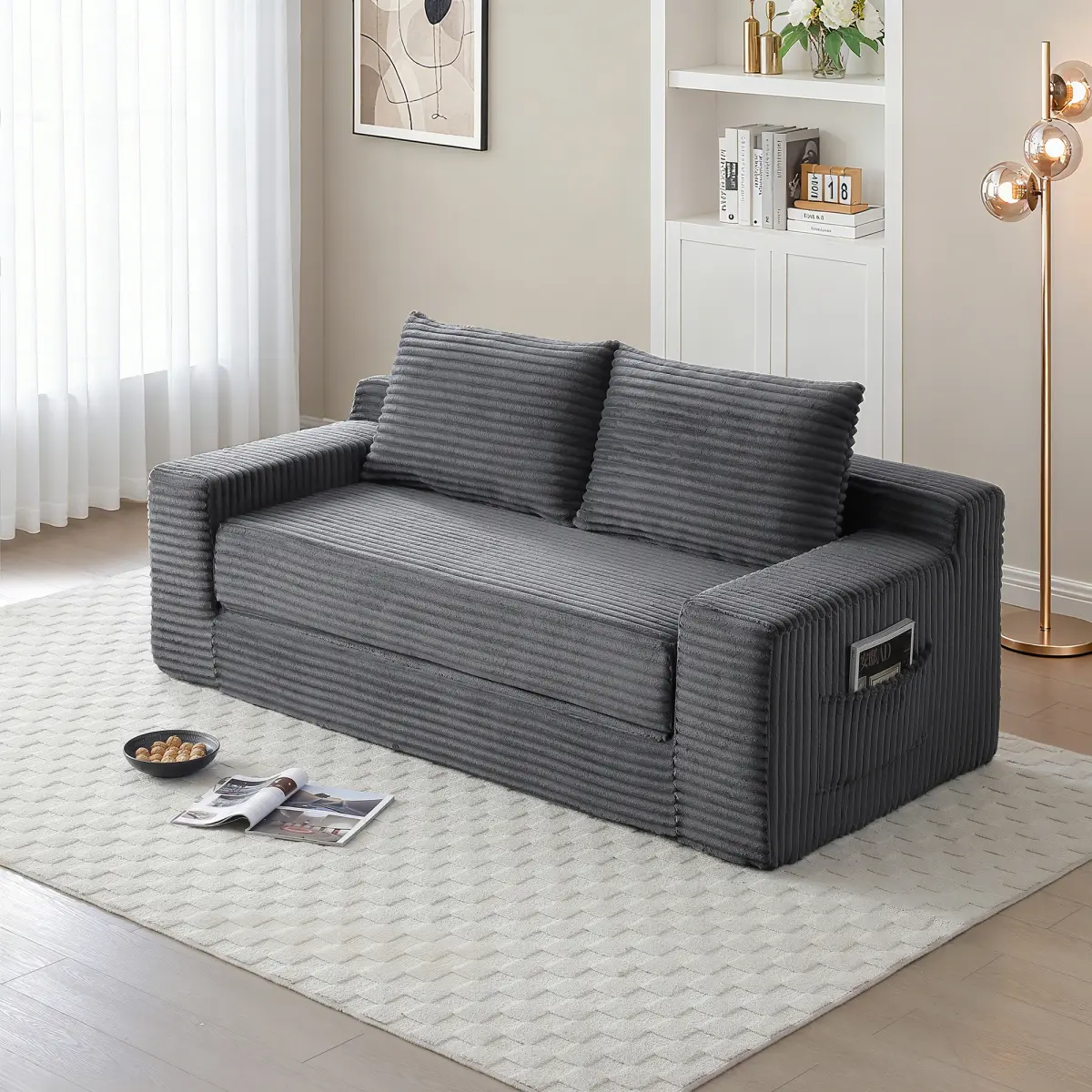 Memory Foam Cloud Loveseat Sofa, 2 in 1 Convertible Folding Couch Bed, No Assembly Compressed Corduroy Floor Lounge Sofa for Apartment Office Bedroom Living Room