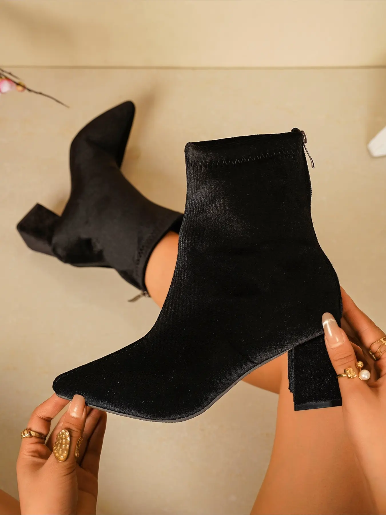 Velvet pointed toe block heel ankle boots with stitching trim, rear zipper, elegant retro women fashion boots for autumn and winte