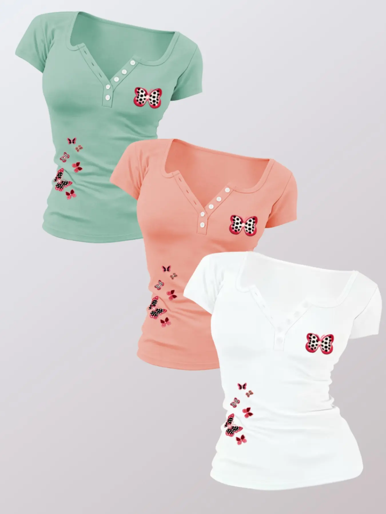 Women's Fitted Short Sleeve T-Shirt, Summer New Arrival, Polka Dot Butterfly Print, V Neck, Button Front, Casual Sweet Cool Style, Casual Stylish Tee