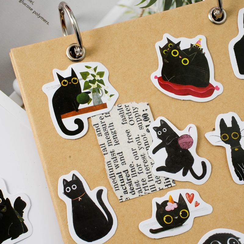 46 Sheets Cartoon Black Cat Stickers, Cute Pet Handbook DIY Stickers, Collage Student Gift, Sticker Cards