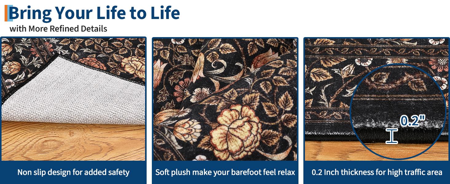 5x7 Brown Vintage Floral Boheme Area Rug, Low-Pile Washable Non-Slip Stain-Resistant Carpet for Living Room, Bedroom, Boheme Area Rugs