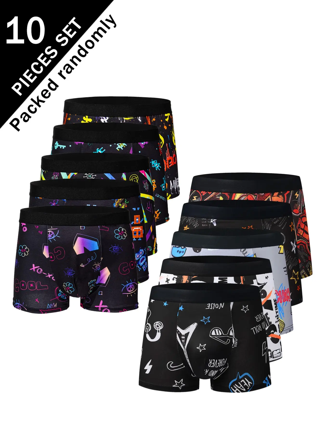 10-Pack Men's Graffiti Boxer Briefs, Cool Abstract Print, High Elasticity, Soft Non-Pressing Waist, Casual Slim Fit, All Seasons