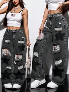 Short Y2K High-Waisted Ripped Baggy Wide-Leg Jeans, Star Patch Denim Long Pants, Perfect for Casual Parties and Events