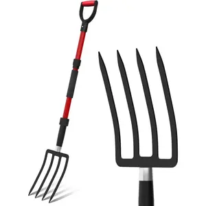 Pitch Fork Garden, 44-Inches Pitchfork with Fiberglass Handle, Gardening Spading Fork with 4 Metal Tines, Heavy Duty Pitchfork Manure, Mulch, Digging, Aeration, Red