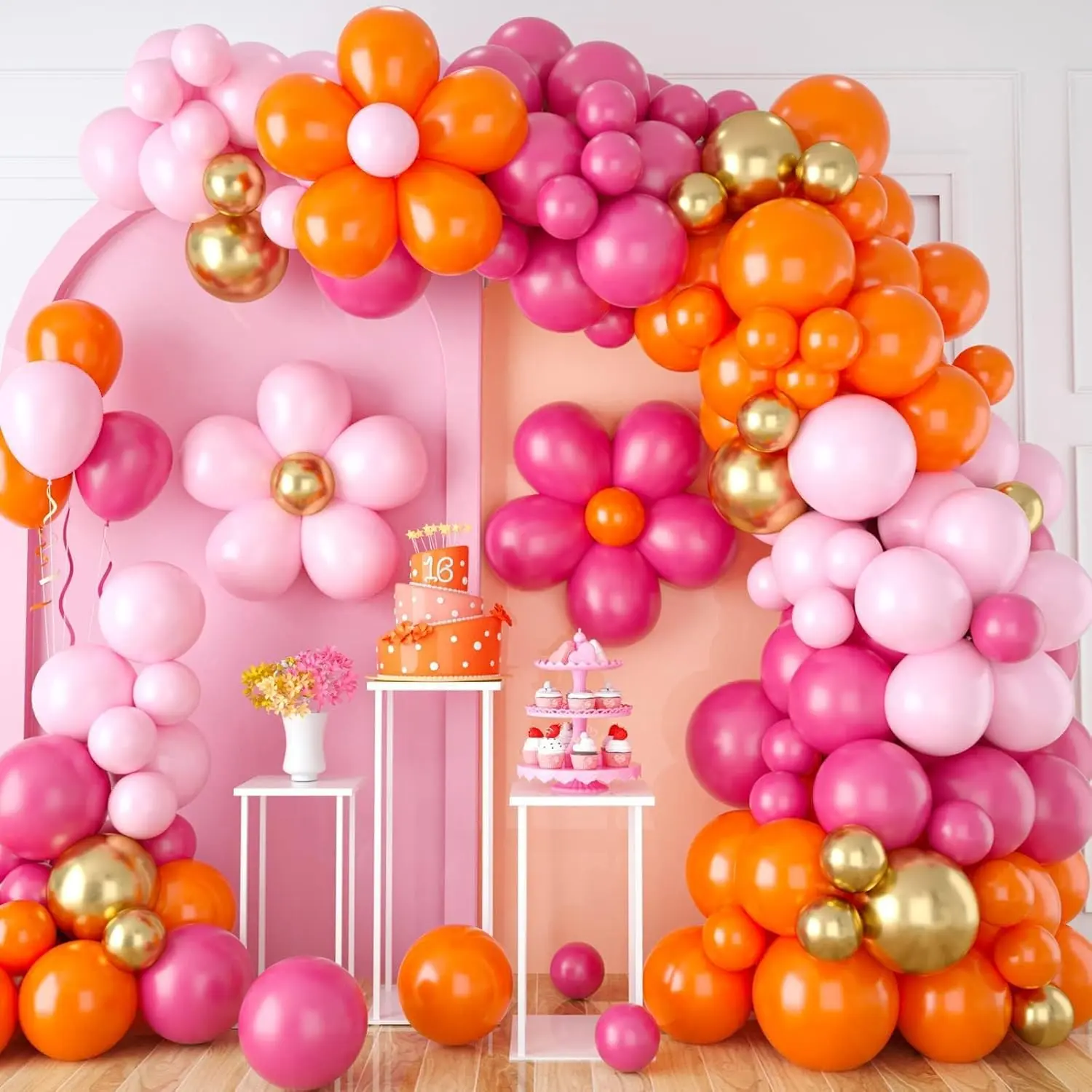 Pink Orange Balloon Garland, Daisy Balloon Arch with Metallic Gold Party Flower Balloons For Birthday Shower Wedding Groovy Theme Decorations