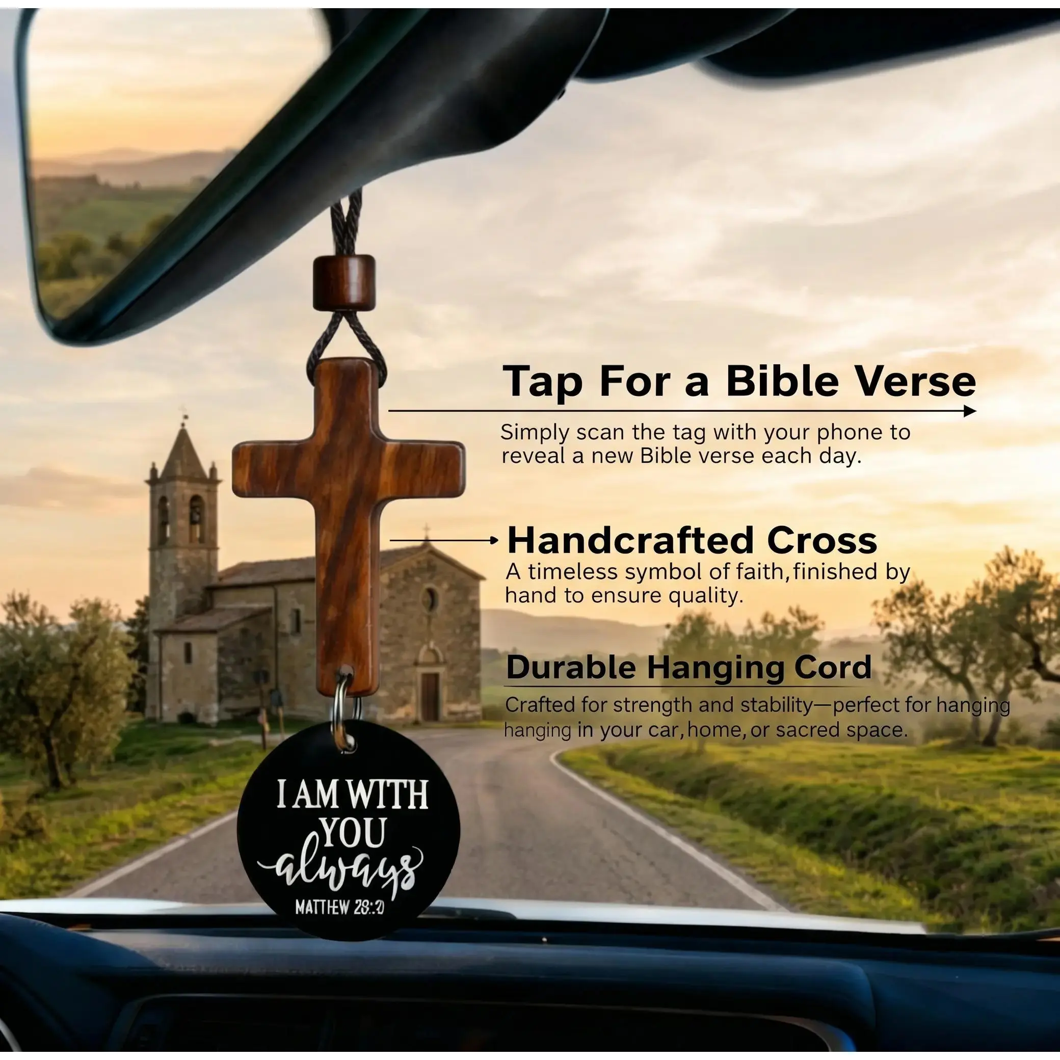 Christian Car Rearview Mirror Hanging Cross with Bible Verse - Compact Fit Ornament, Automotive-Vehicle Decoration, Car Accessories - Inspirational Faith Gift for Men (Birthday, Father's Day), Car Ornament, Automotive Decoration