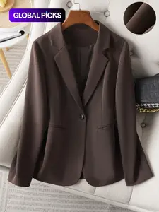 Women's Button Front Blazer Jacket, Work Office Blazer, Slim Fit Fitted Long Sleeve Coat, Minimalist Office Style, Spring & Fall Fashion, Plain Design with Pockets