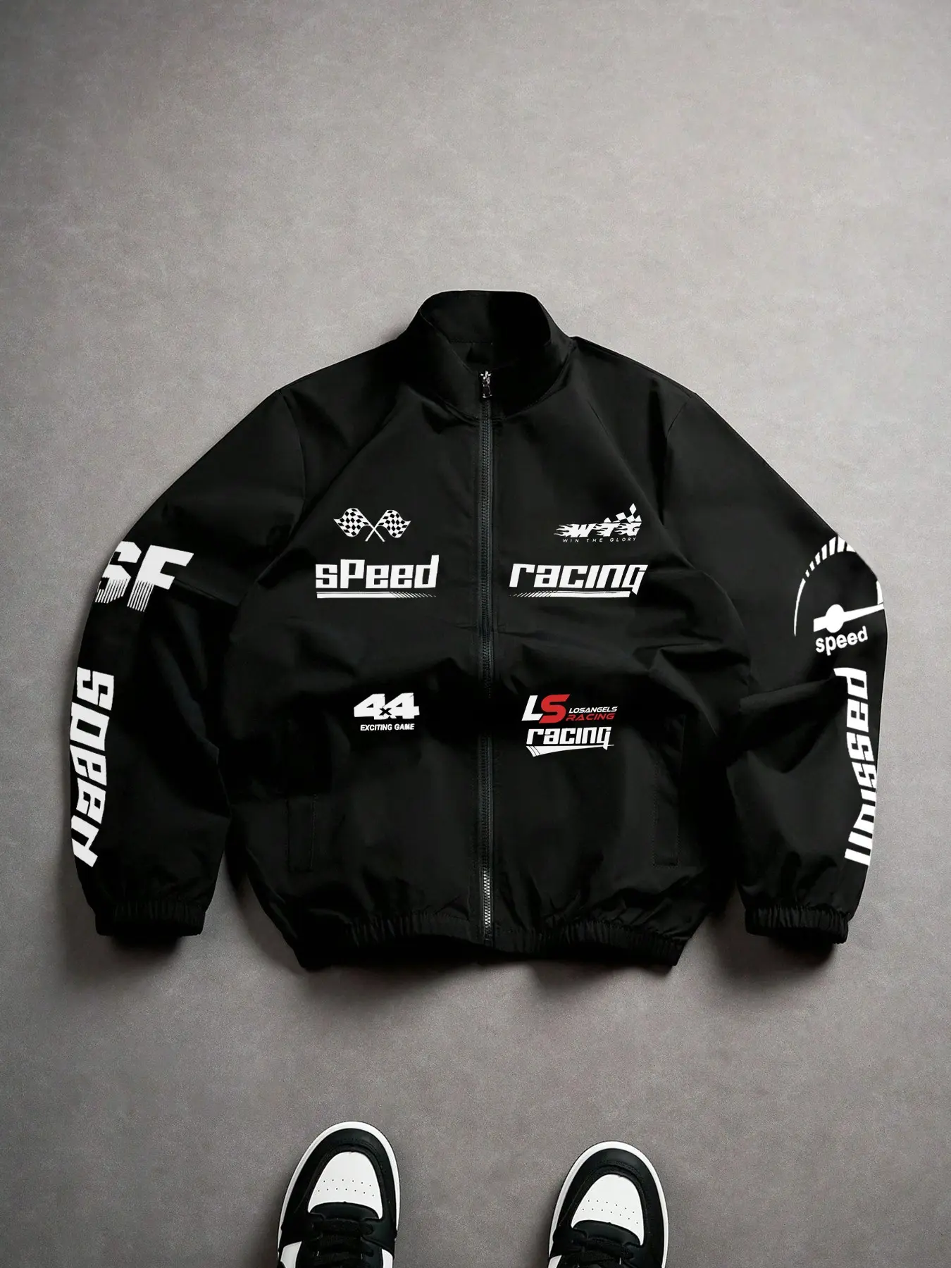 Men's Racing Style Stand Collar Zip-Up Baseball Jacket, Windproof Casual Coat With Speed Letter And Flag Print, Suitable For Street Style Outings, Road Trips And Daily Outdoor Scenarios