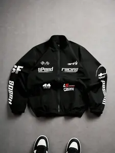 Men's Racing Style Stand Collar Zip-Up Baseball Jacket, Windproof Casual Coat With Speed Letter And Flag Print, Suitable For Street Style Outings, Road Trips And Daily Outdoor Scenarios