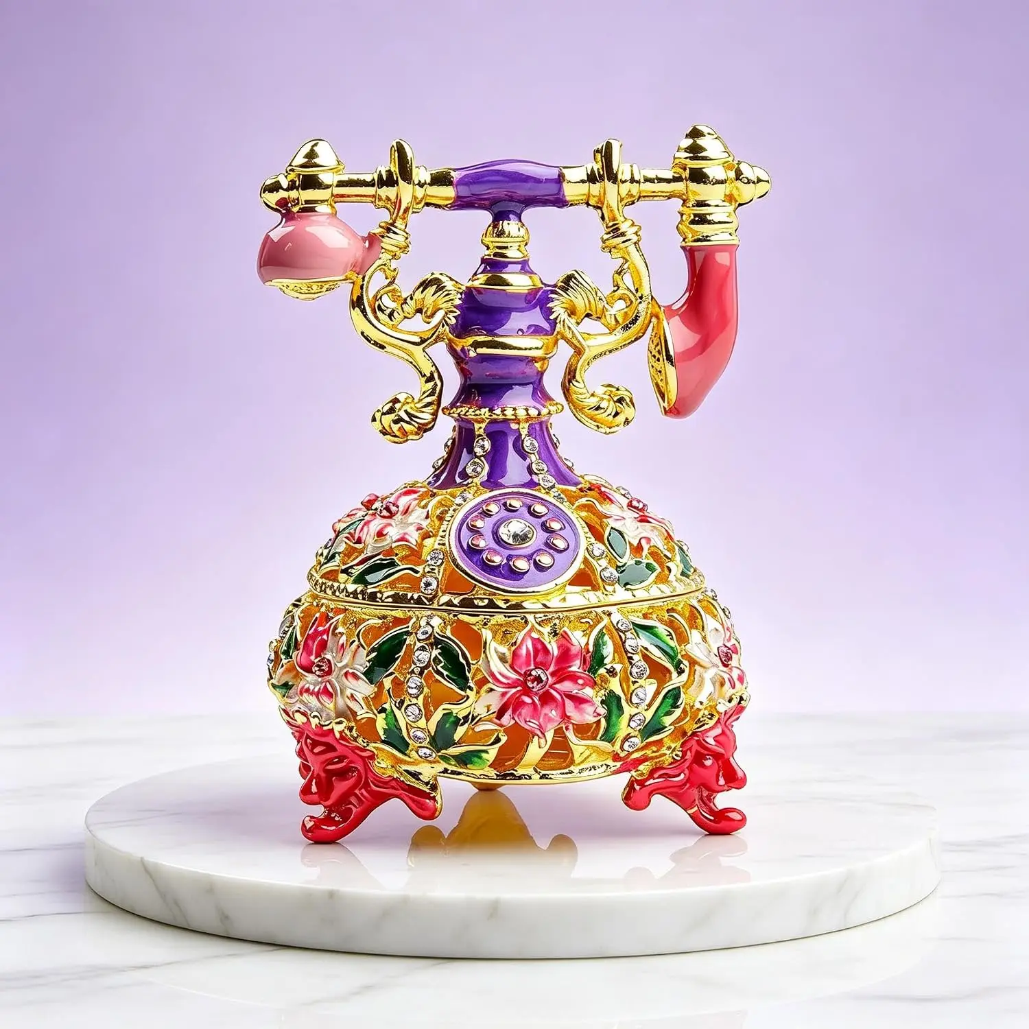 Telephone  Trinket Boxes with Rhinestones & Floral Design | Hand Painted Enameled Telephone Hinged Trinket Box Collectible Figurine,   Decor &   for Women,Girls