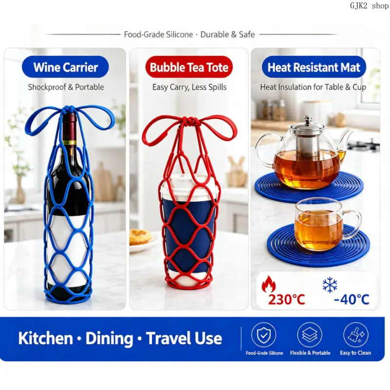 Collapsible Silicone Wine Carrier Bag with Silicone Heat Resistant Trivet Mat, Portable Stretch Wine Tote Basket for Home Party Picnic