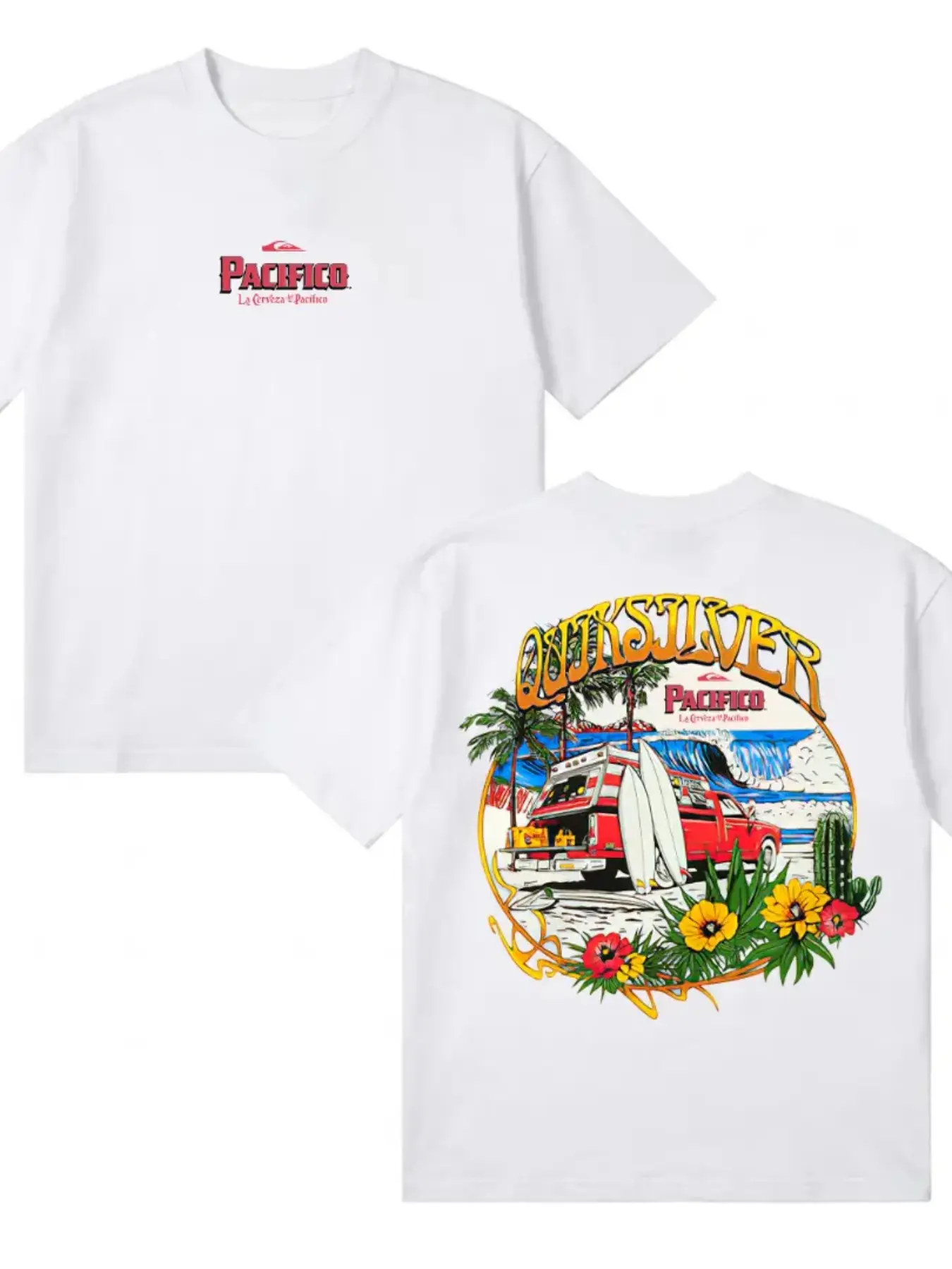 Quiksilver Pacifico T-Shirt, Vintage Surf Car & Tropical Beach Print, Soft Fabric, Unisex Loose Fit, Long Sleeve, Summer Style