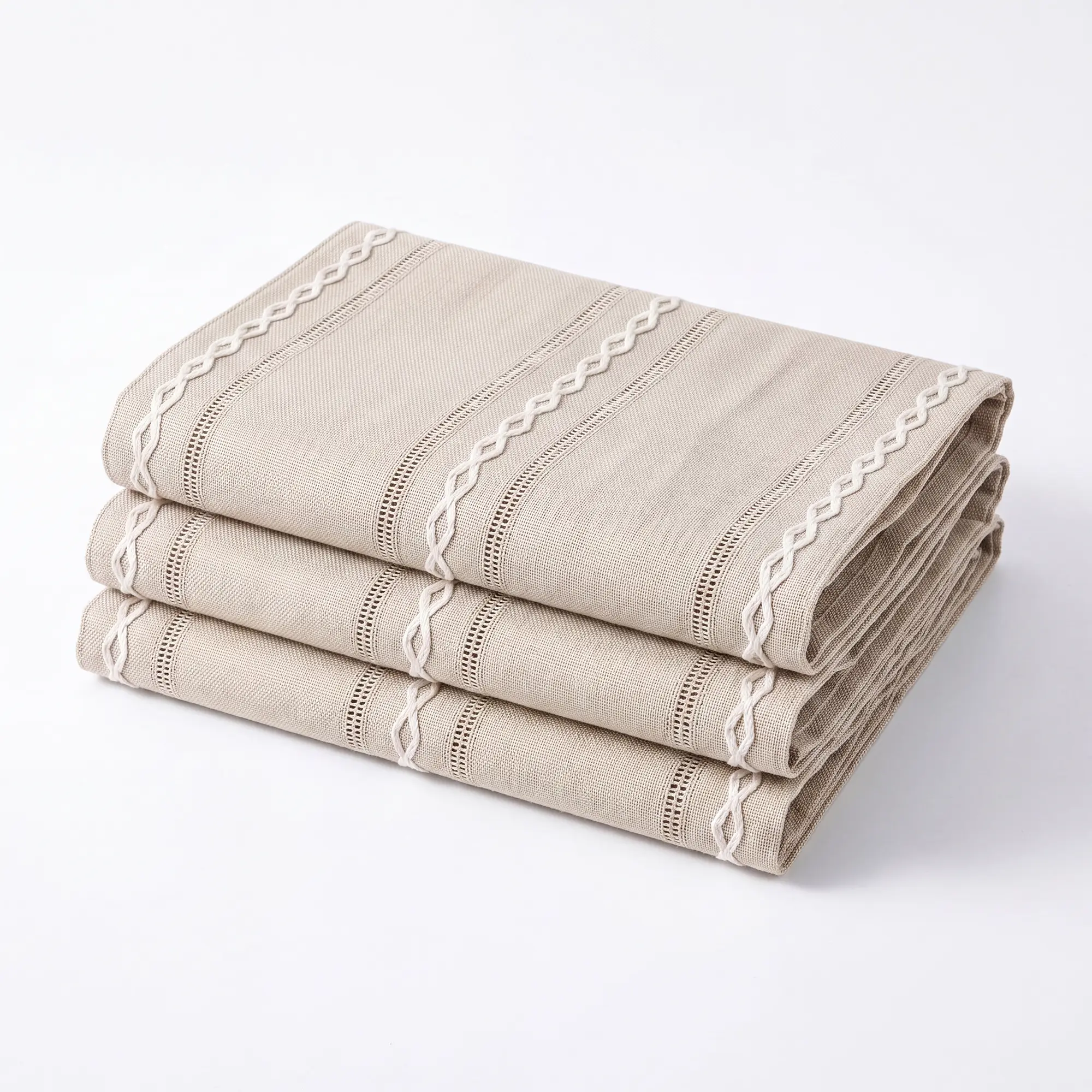 3-Piece Boho Table Runner Set, Beige Linen-Look Farmhouse Table Decor with Woven Stripe and Embroidered Details for Dining Table, Wedding and Holiday Decor