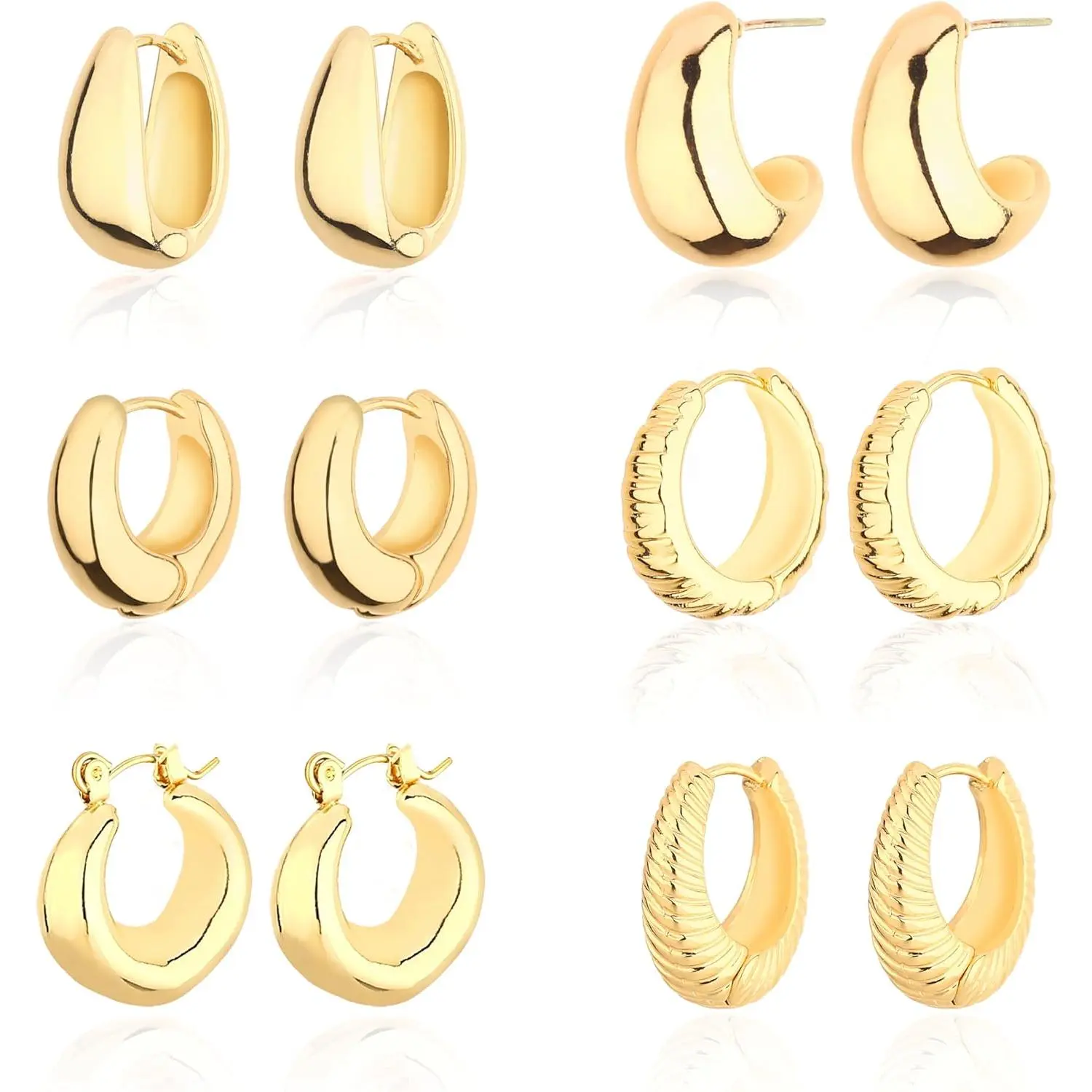 6 Pairs Chunky Gold Hoop Earrings for Women, 14K Gold Plated Hoop Earrings Hypoallergenic, Thick Lightweight Twisted Huggie Hoops Earring Set for Women’s Jewelry GIfts