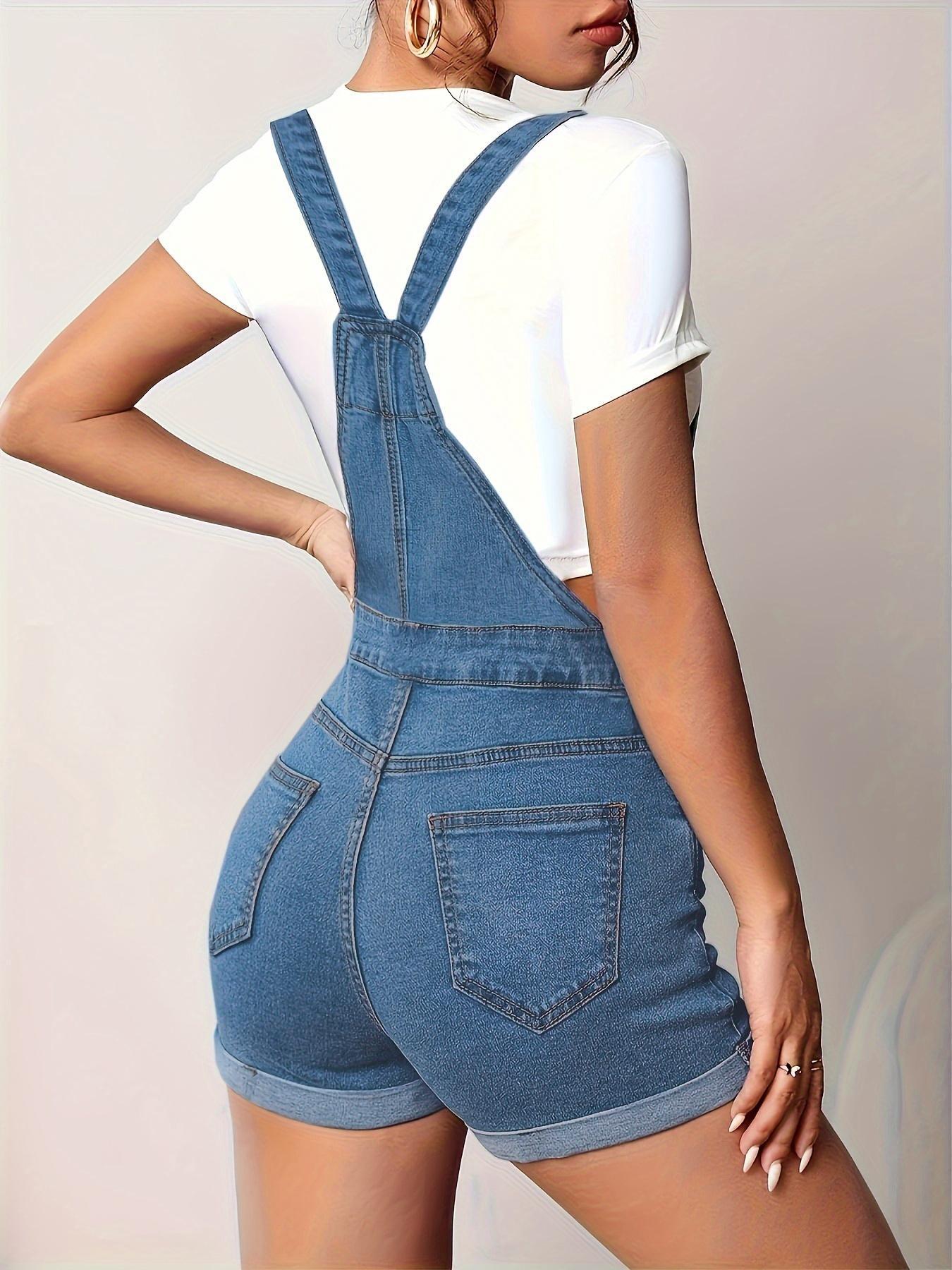 Women's Solid Color Button Fly Denim Overalls, Casual Chic Comfy Skinny Overalls for Daily Wear, Ladies Clothes for Summer