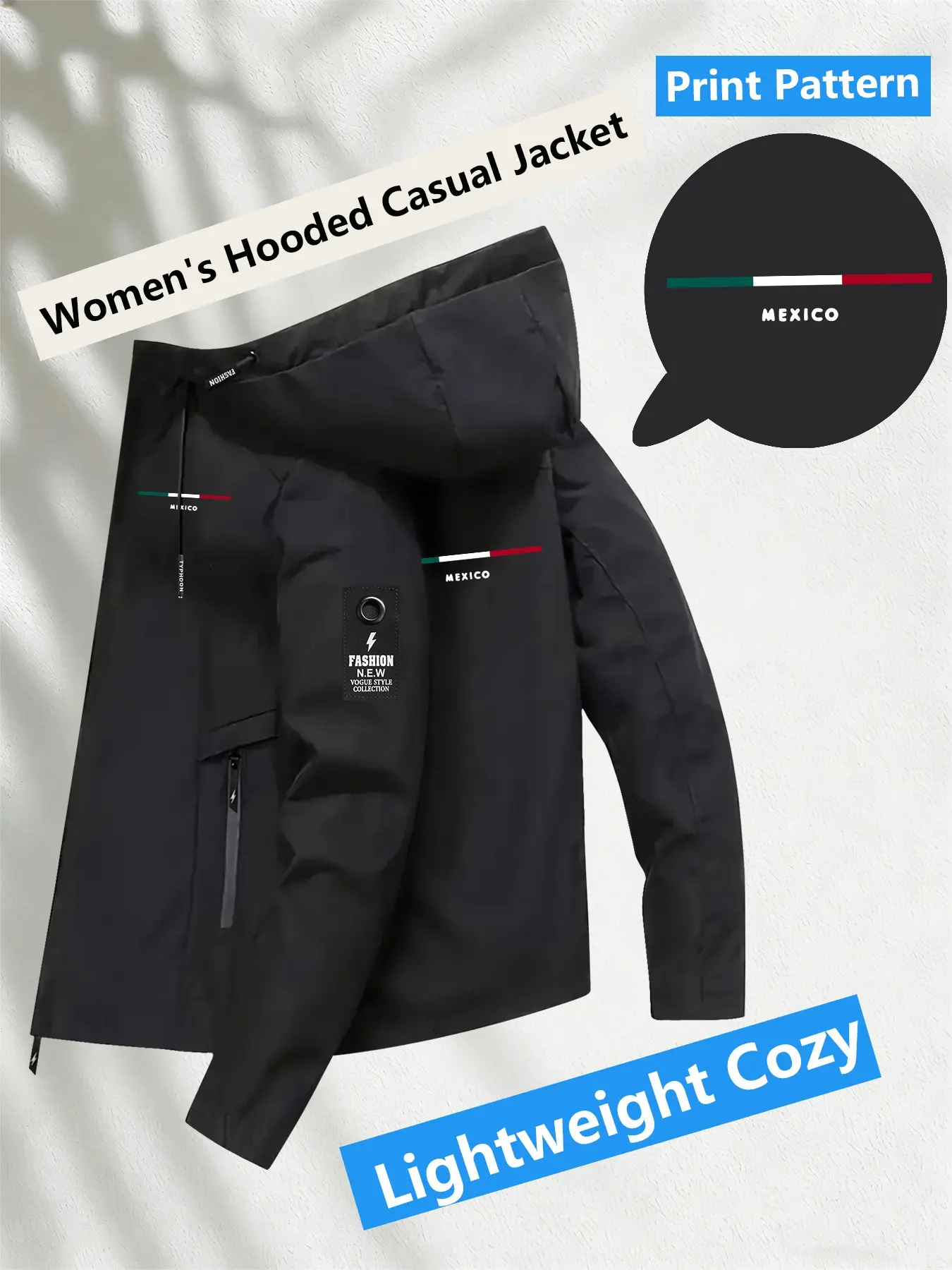 Women's Hooded Windbreaker Jacket Double sided Mexico Flag Stripe Print Jacket Two Color Options Hooded Loose All Season Warm Jacket Ideal for Daily Commute Hiking Climbing Wear Skin Friendly Breathable Machine Washable Plussize