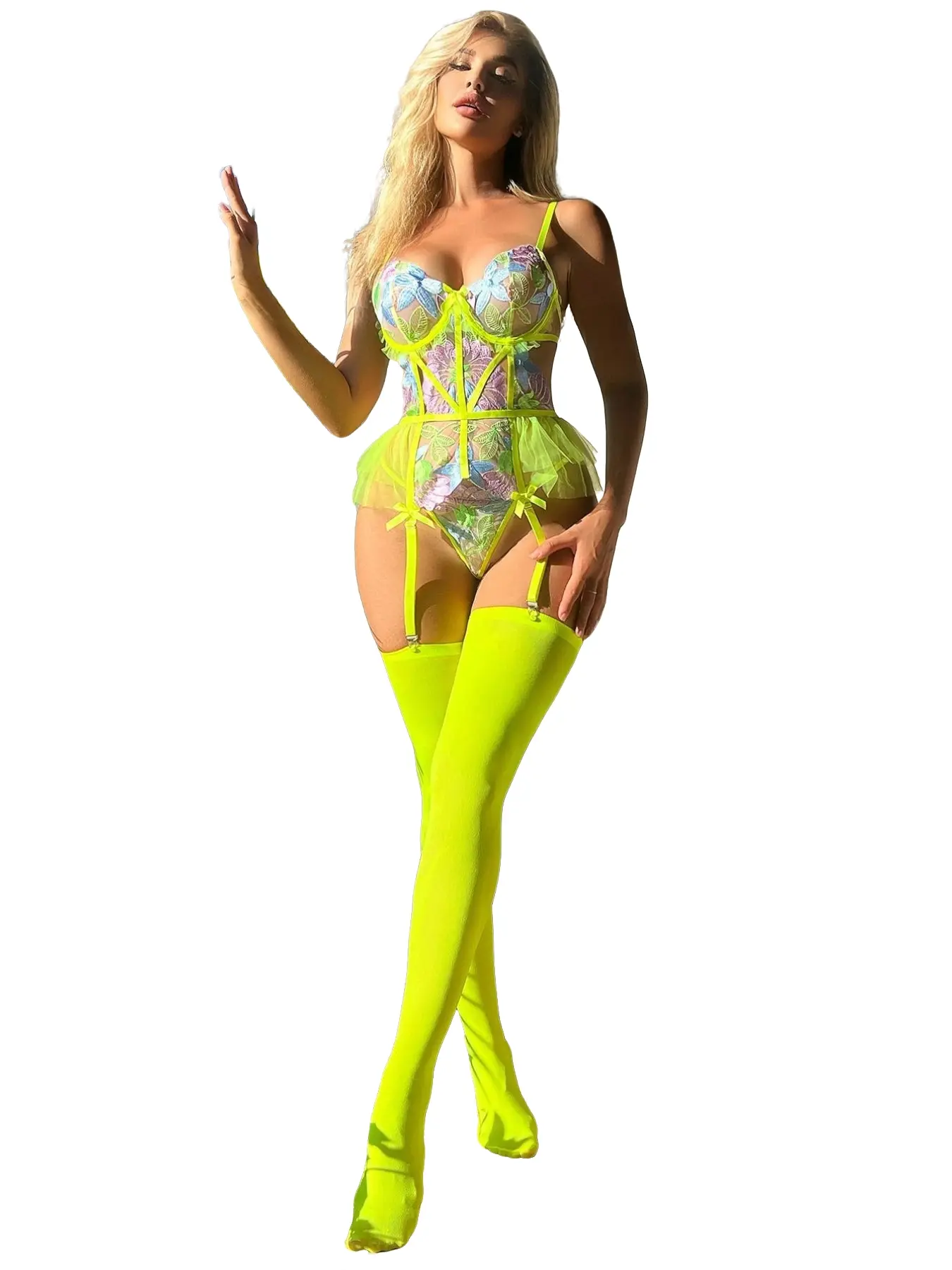 Date Night Tropical Vibe | Neon Green Floral Embroidered Elastic Lingerie Set | Playful Seductive Intimate Wear