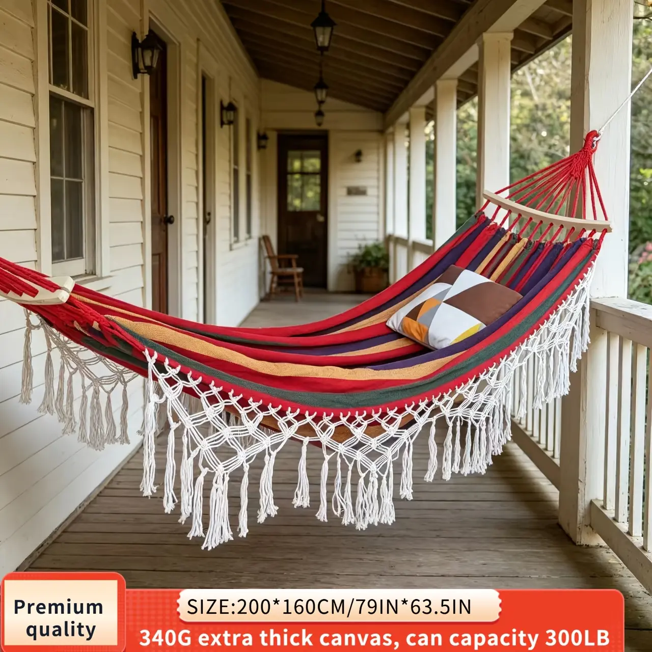 (Heavy Craft) 78 X 64 IN Double Extra Wide And Thick Swing Hammock, Portable Swing Hammock, Extra And Wide Double Canvas Hammock, Anti-Slip, White Bohemian Tassels, Courtyard Outdoor Camping Hammock, Outdoor Autumn Essential Beach Christmas Gift for