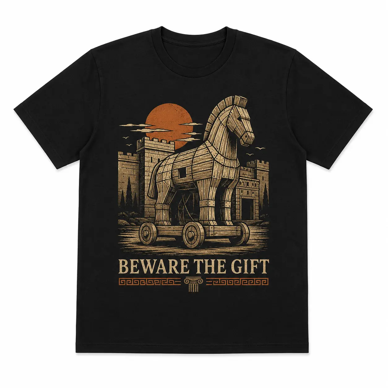 Beware the Gift Trojan Horse T-Shirt, Greek Mythology Graphic Tee, Ancient Troy Iliad Inspired Shirt, Vintage Mythology Gift for History Lovers