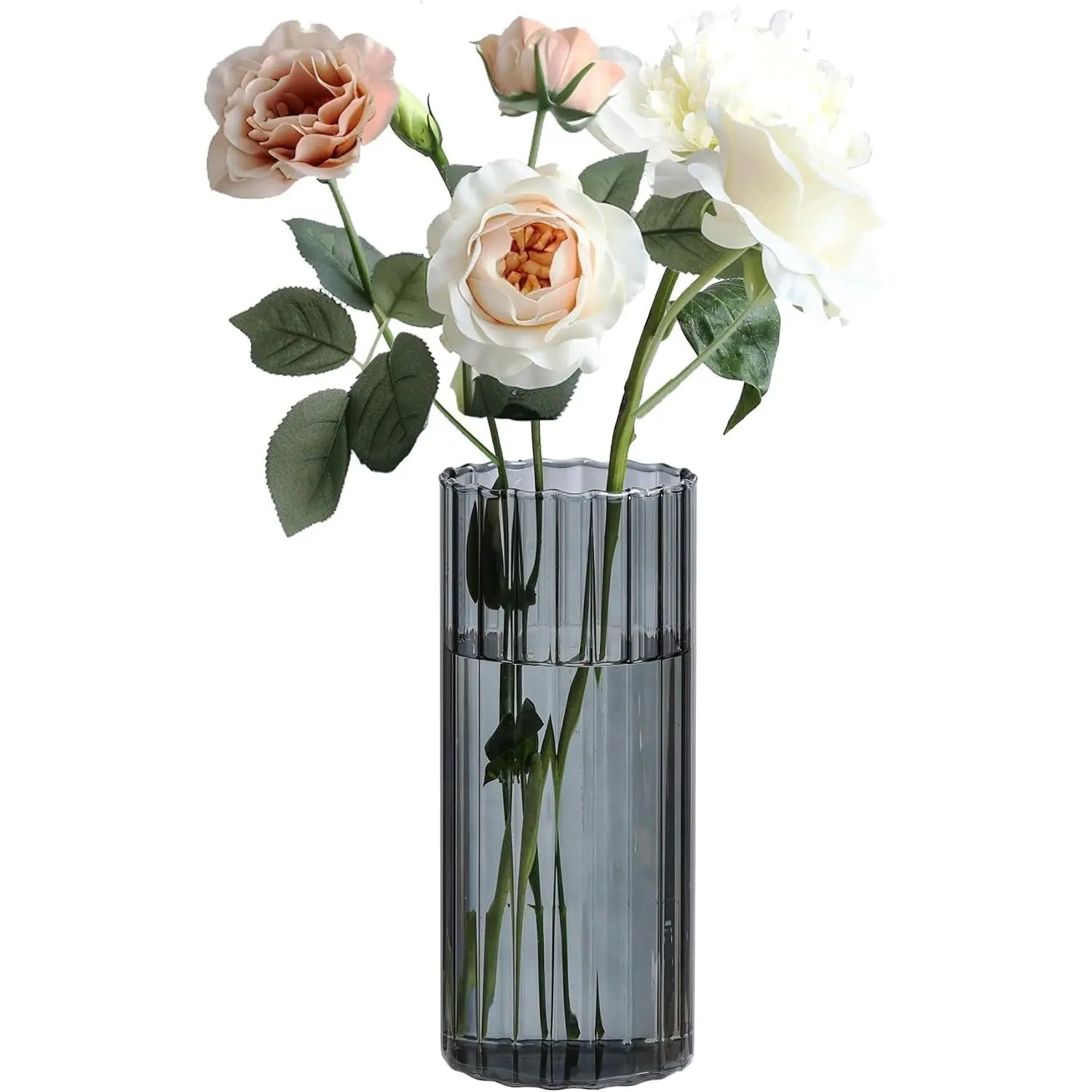 Glass Cylinder Vase 8 Inch Tall, Grey Ribbed Decor for Centerpieces | Decorative Flower Vase, Hurricane Floating Candle Holder, Wedding Decor, Reception Table,  Accent, Housewarming