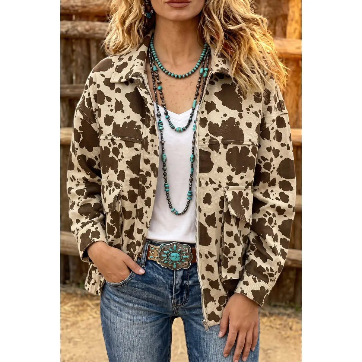 BF Women's Casual Fabric Womenswear Coats Jeans Long Sleeves Style Tops Winter, Brown Western Cow Print Cargo Pocket Denim Jacket, Trendy Cowgirl Layering