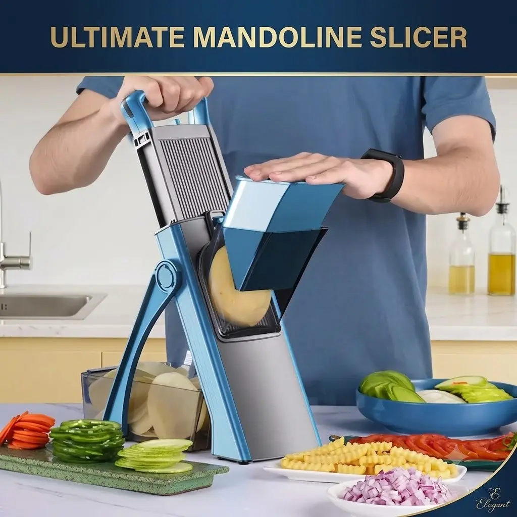 Safe Mandoline Slicer 5 in 1 Vegetable Chopper Food Potato Cutter, Strips Julienne Dicer Adjustable Thickness 0.1-8 mm Kitchen Chopping Artifact Fast Meal Prep