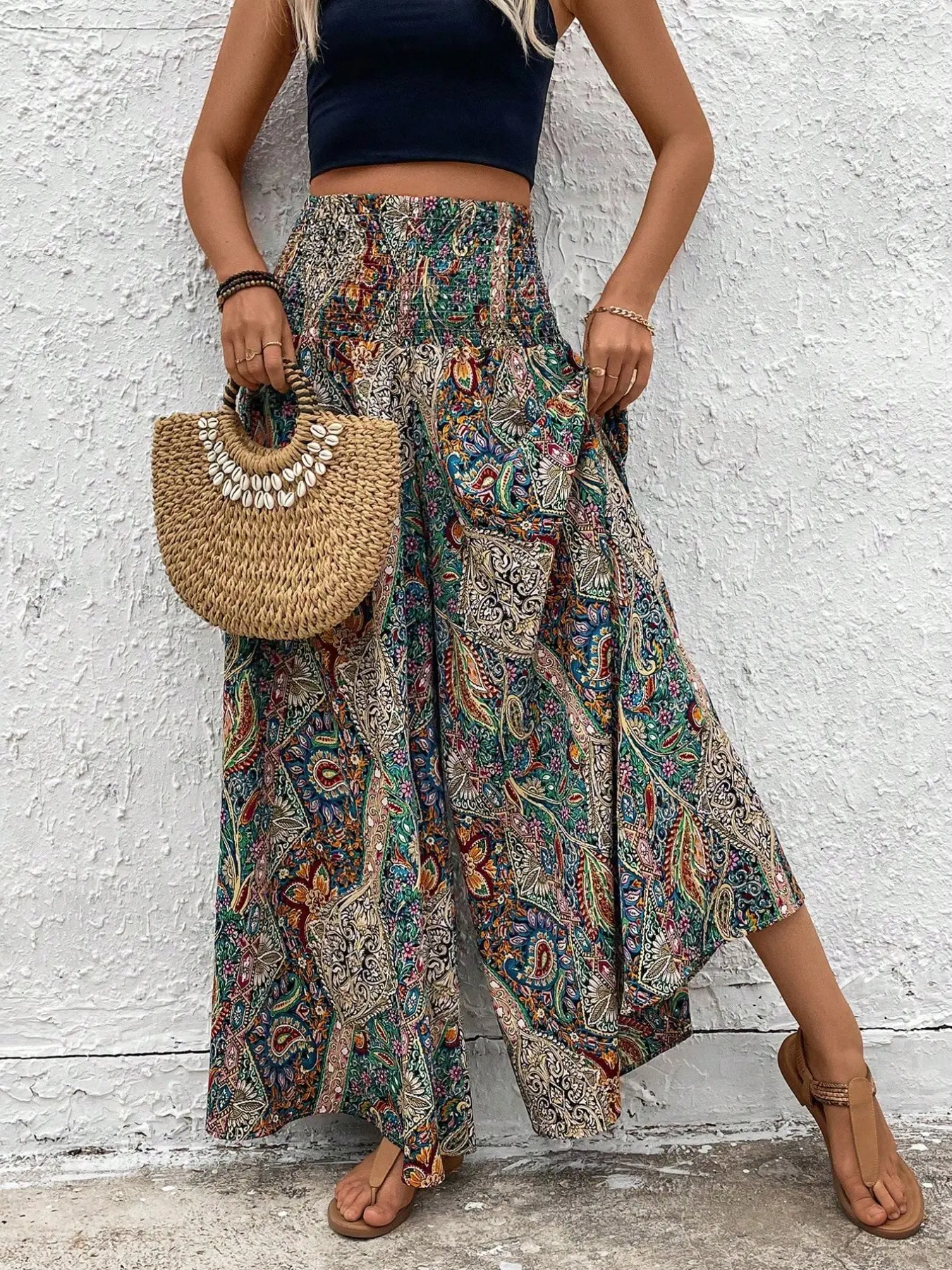 Women's Summer Lightweight Boho Style Paisley Long Loose Fit Baggy Pants, Elastic Waist Wide Leg Trouser, Casual Vacation Wear, Trendy Fashion, Bottom, Bohemian Bottoms