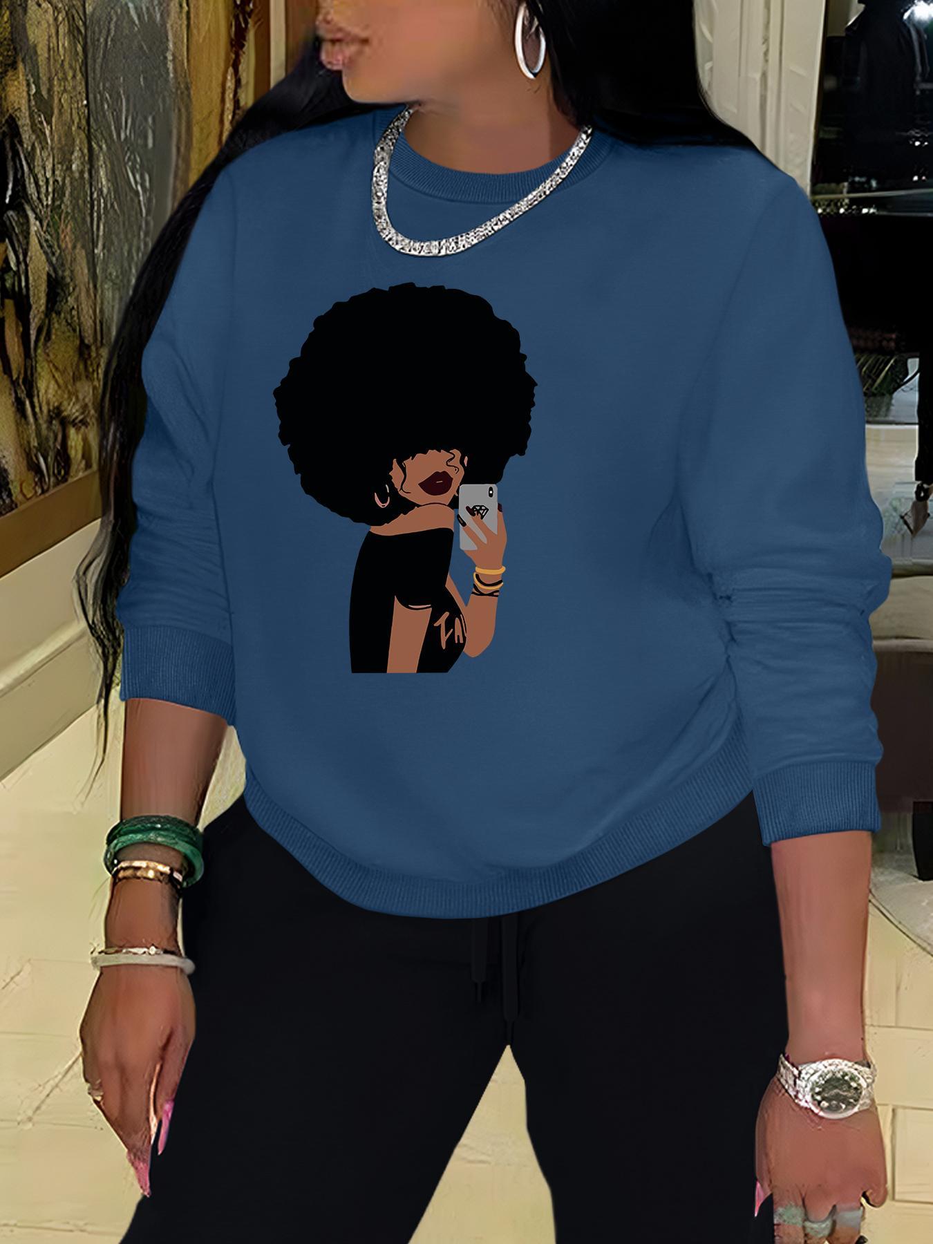 Women's Letter & Afro Girl Print Crew Neck Sweatshirt, Casual Long Sleeve Pullover for Fall & Winter, Women's  Clothes for Daily Wear