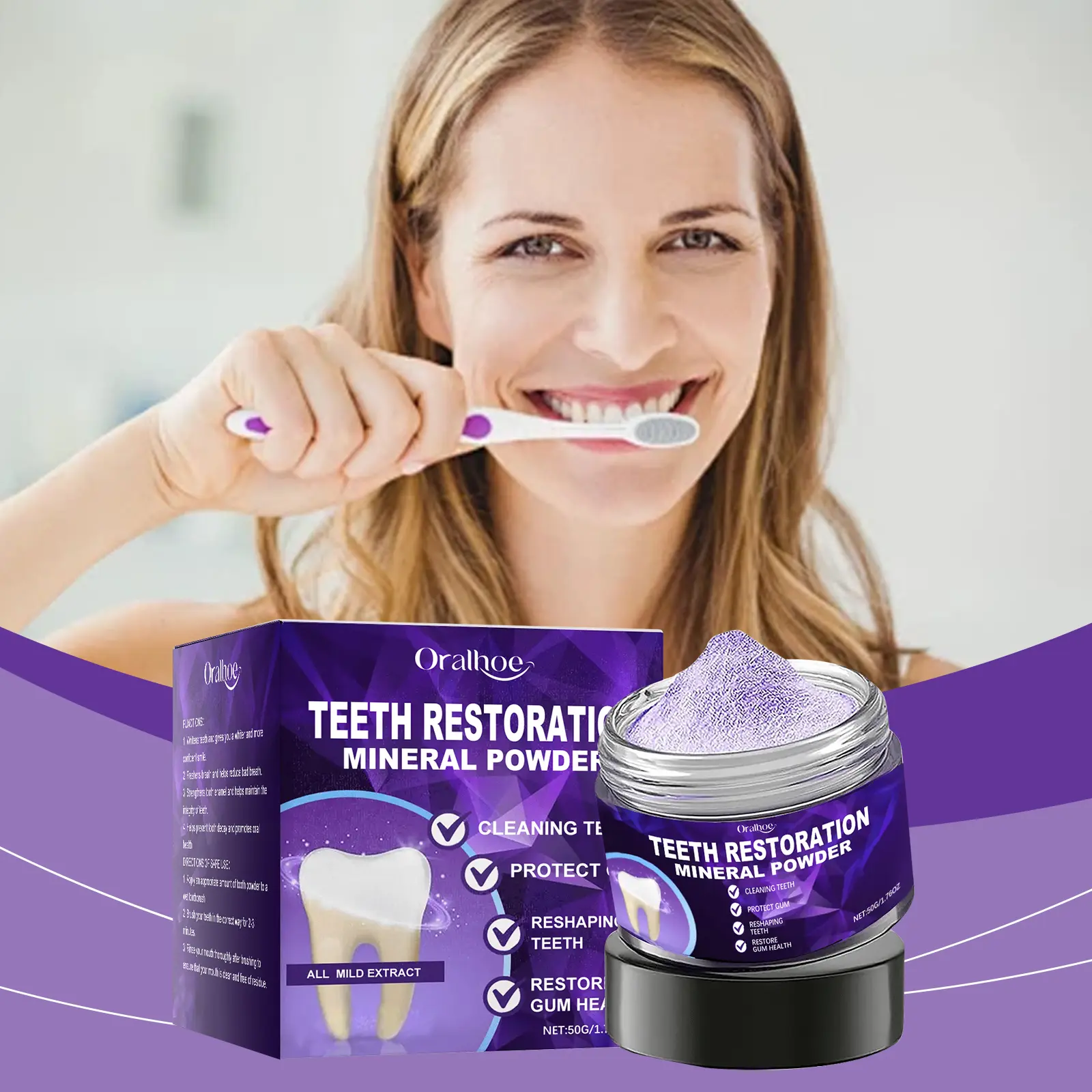 Purple Mineral Tooth Powder | Gentle Teeth Cleaning Powder for Bright Smile, Fresh Breath & Surface Stain Removal, Mint Flavor Portable Oral Care