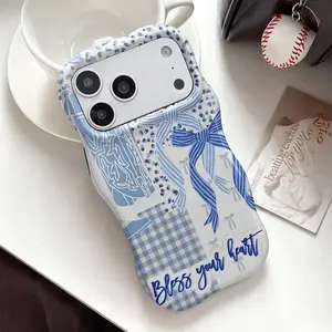 FBL-Wavy Edge White & Periwinkle Blue Gingham Bow Phone Case,Striped Big Bow Checkered Patchwork Quote Print Protective Case For iPhone 17 Air Pro Max 16 15 14 Pro Max 13 12 11 Case-Gift for her/him/fans