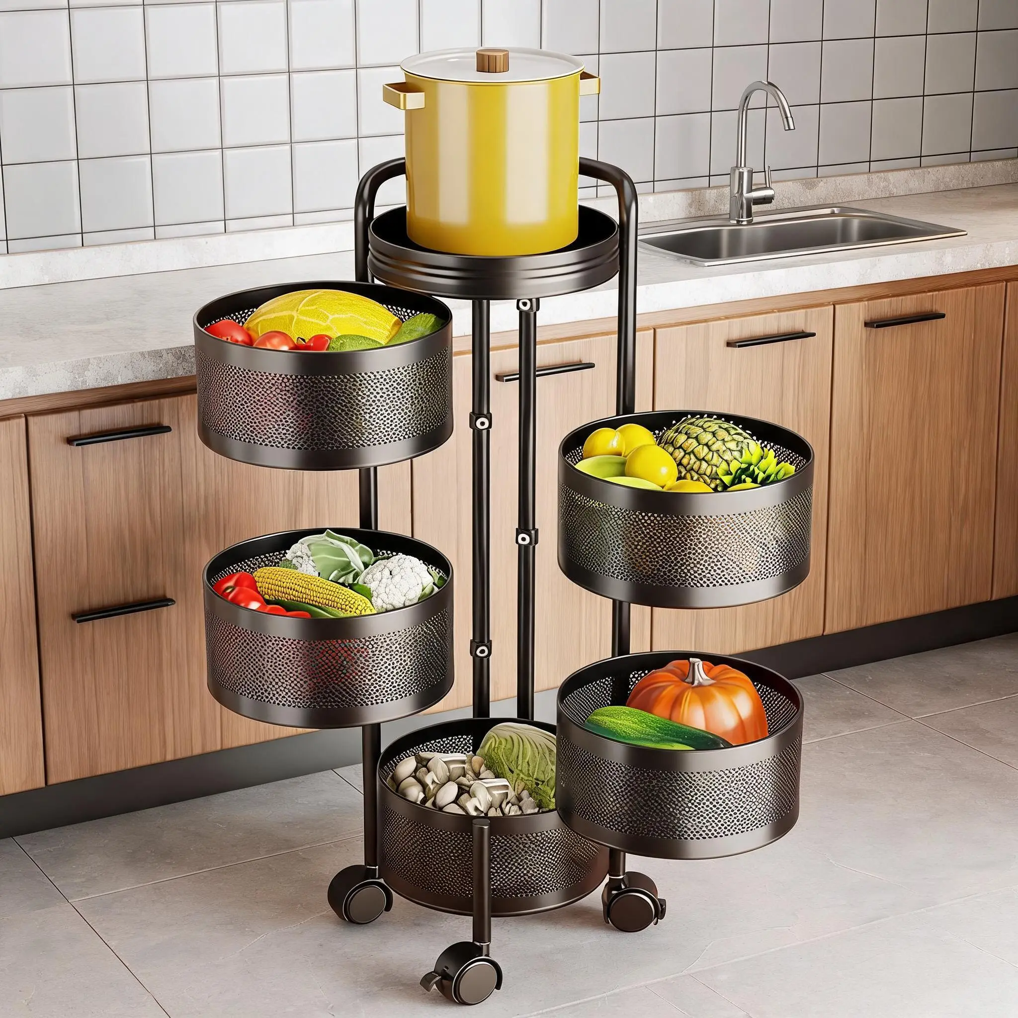 5-Tier 15IN Thickened Carbon Steel Rotating Kitchen Cart with Wheels, Fruit Veg Basket Utility Rack, No Assembly for Bathroom shelf organizer Living Room， fashionable movable storage box， tool-free installation, 360 Swivel Shelving & Storage, All-In-One S