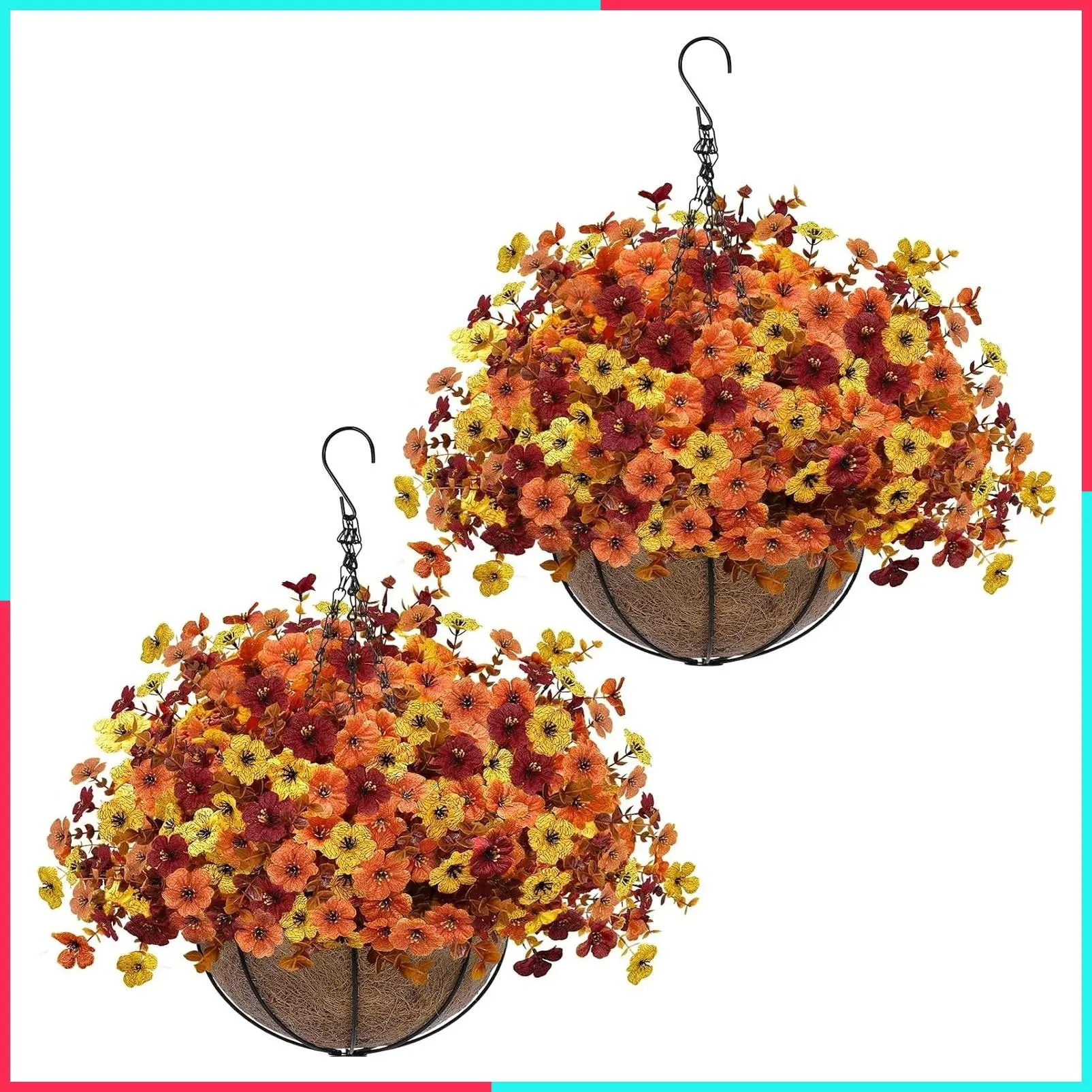2 Sets Artificial Fall Mums Hanging Flower Baskets, 504 UV-Resistant Faux Silk Violet Chrysanthemums in Planter, Realistic Autumn Decor for Porch Home Patio Garden Yard Outdoor