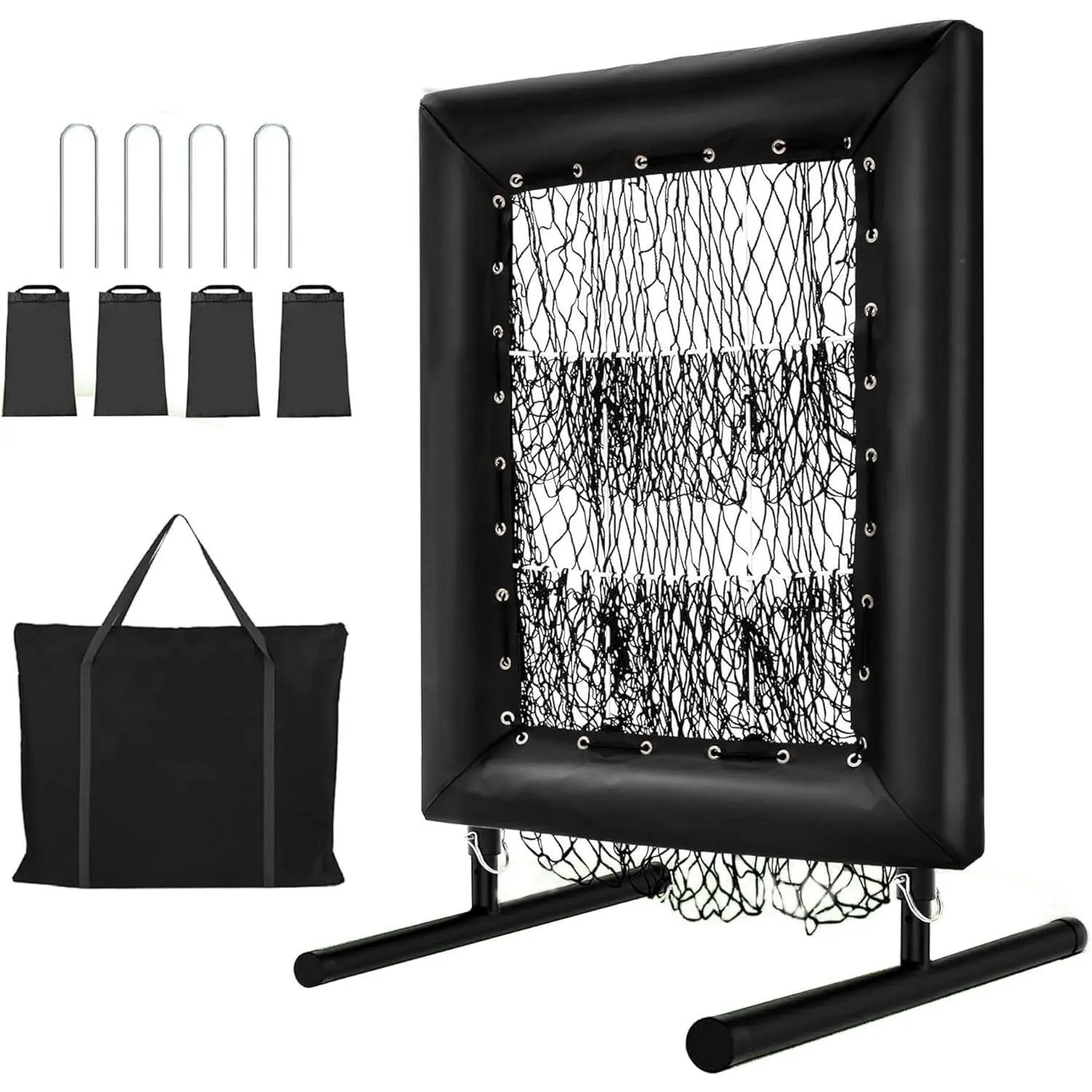 Portable Easy Setup Baseball Pitching Net Pro, 5 Height Adjustable, Trainer Net for Baseball & Softball with Zone Mark, 9 Hole, Ball, Home Plate & Pitching Rubber