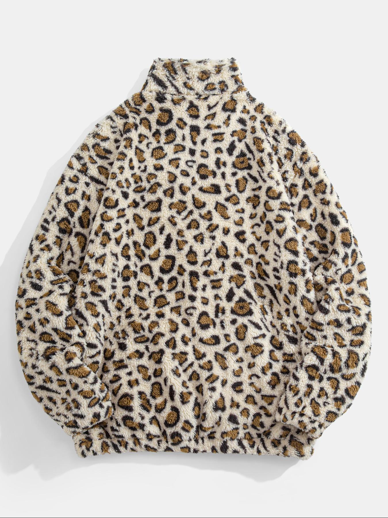 Men's Leopard Print Pocket Half Zip Plush Sweatshirt, Loose Casual Long Sleeve Drop Shoulder Fuzzy Pullover for Winter, Fashion Men's Clothes for Daily Wear, Casual Sweatshirts