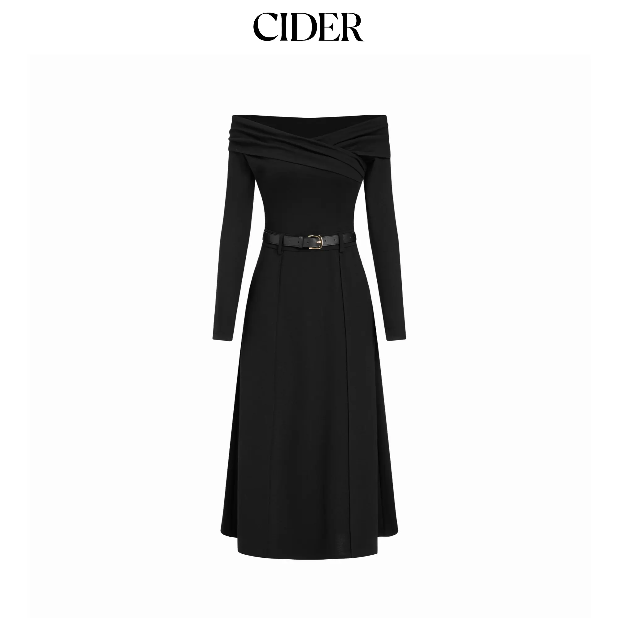 Cider Off-Shoulder Long Sleeve Solid A-line Maxi Dress With Belt