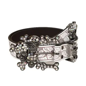Y2K Punk Belt for Women with Rhinestone Skull Buckle & Floral Tooled Pattern soft adjustable side belt