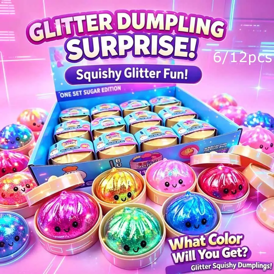 New Glitter Dumpling Squishy with Steamer Box, Soft Sensory Fidget Steamed Bun Squeeze Tool for Adult Stress & Anxiety Relief,Cute Office Desk Decor and Relaxing Accessory Dumplings Squishies