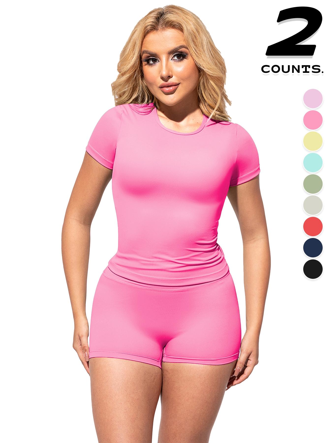 2PCSWomen's Solid Color Short Sleeve Tee & Shorts Set, Breathable Workout Running Clothes Gym Yoga Running, Comfortable Sportswear for Women