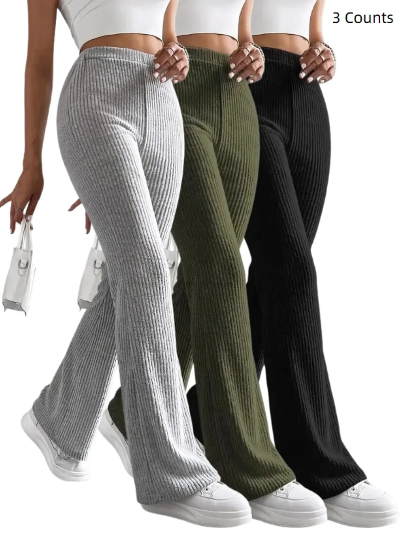 Women's Vertical Ribbed Knit Trousers, Elastic High Waist, Stretch Slim Fit, Casual Daily Commute, Flared Leg Long Pants