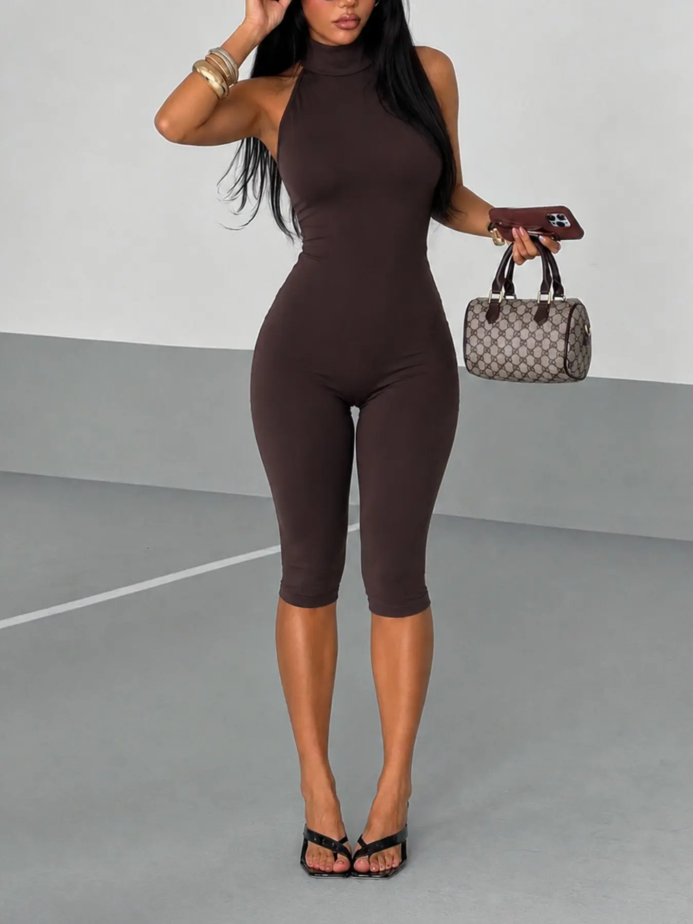 Sexy Halter Neck High-Neck Backless Seven-Eighths Jumpsuit for Women, Statement, Plain Surface Unlined Design, Batch Number Tm20250909