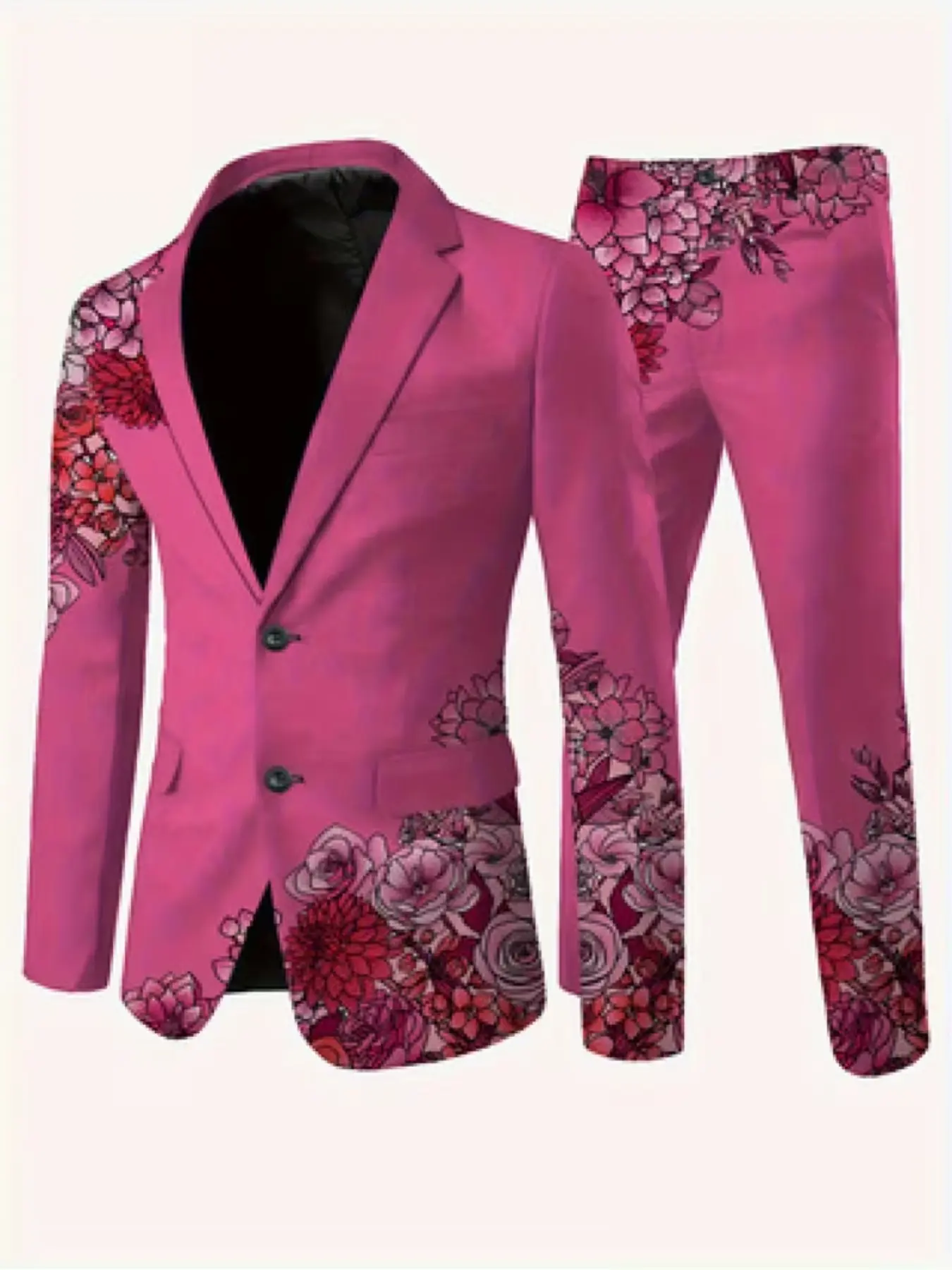 Men's Two-Piece Blazer Set, Rose Floral Print, Ankle-Length Long Sleeve, Slim-Fit Casual Wear, All-Season Party
