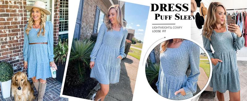 WIHOLL Womens Square Neck Long Sleeve Fall Dresses Casual Babydoll Sweater Dress