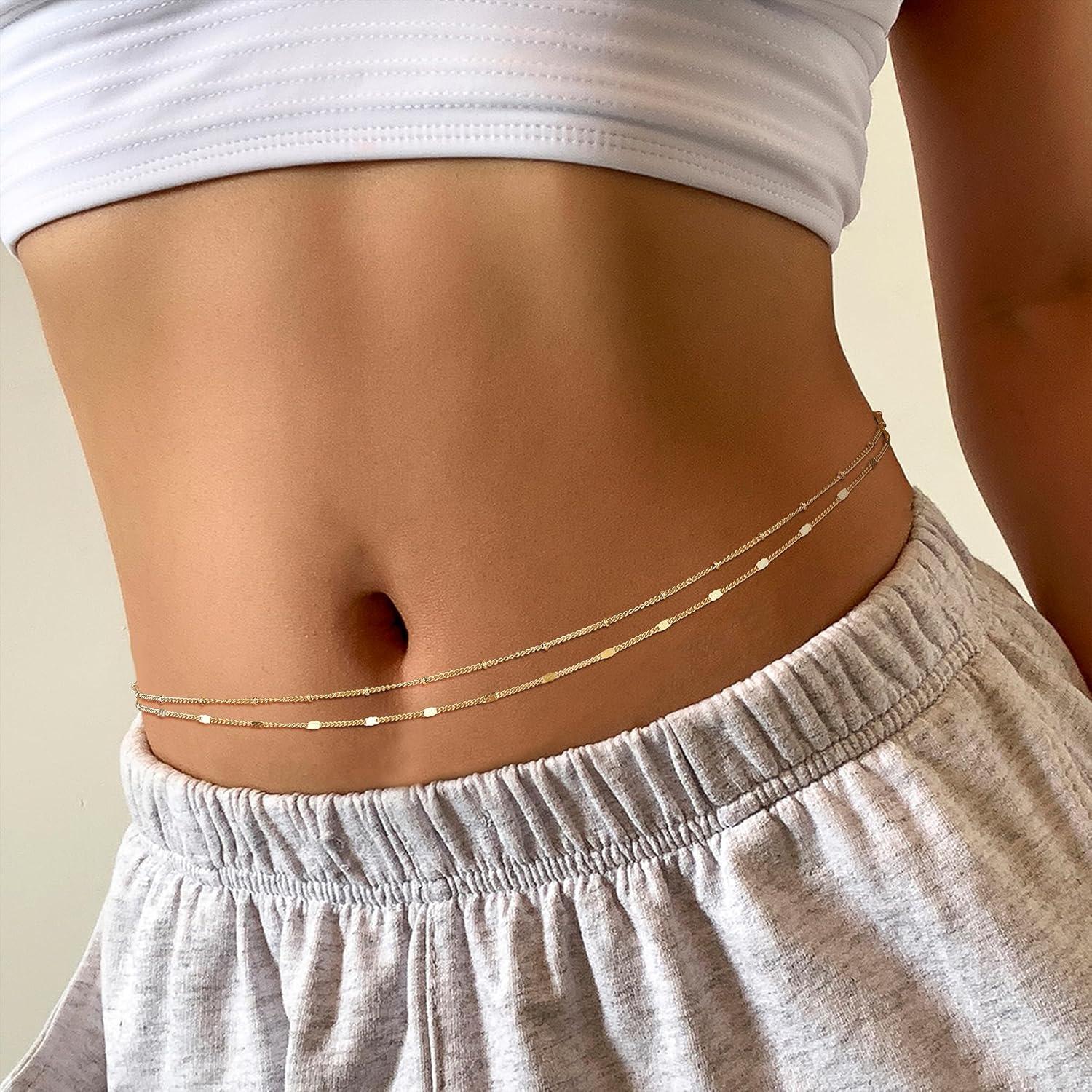 ZELORES 2Pcs Gold Belly Chain for Women Waterproof Stainless Steel Pearl Shell Starfish Body Chain 26"-43" Adjustable Waist Chain