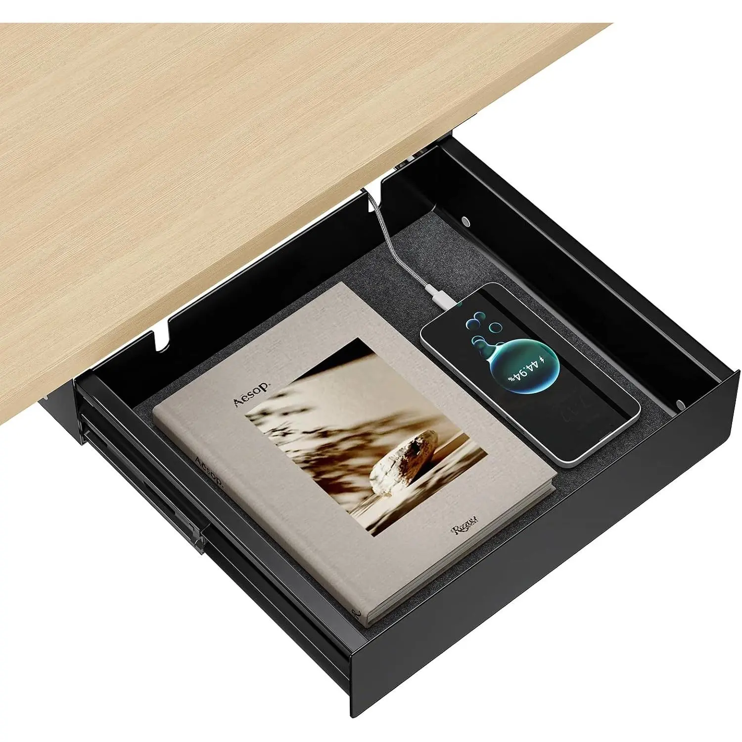 Under Desk Drawer,11.9 inch Carbon Steel Slide-Out Under Table Storage Organizer With Full Extension Ball-Bearing Slides,Undermount Drawer For Standing Desk &  Office,Black