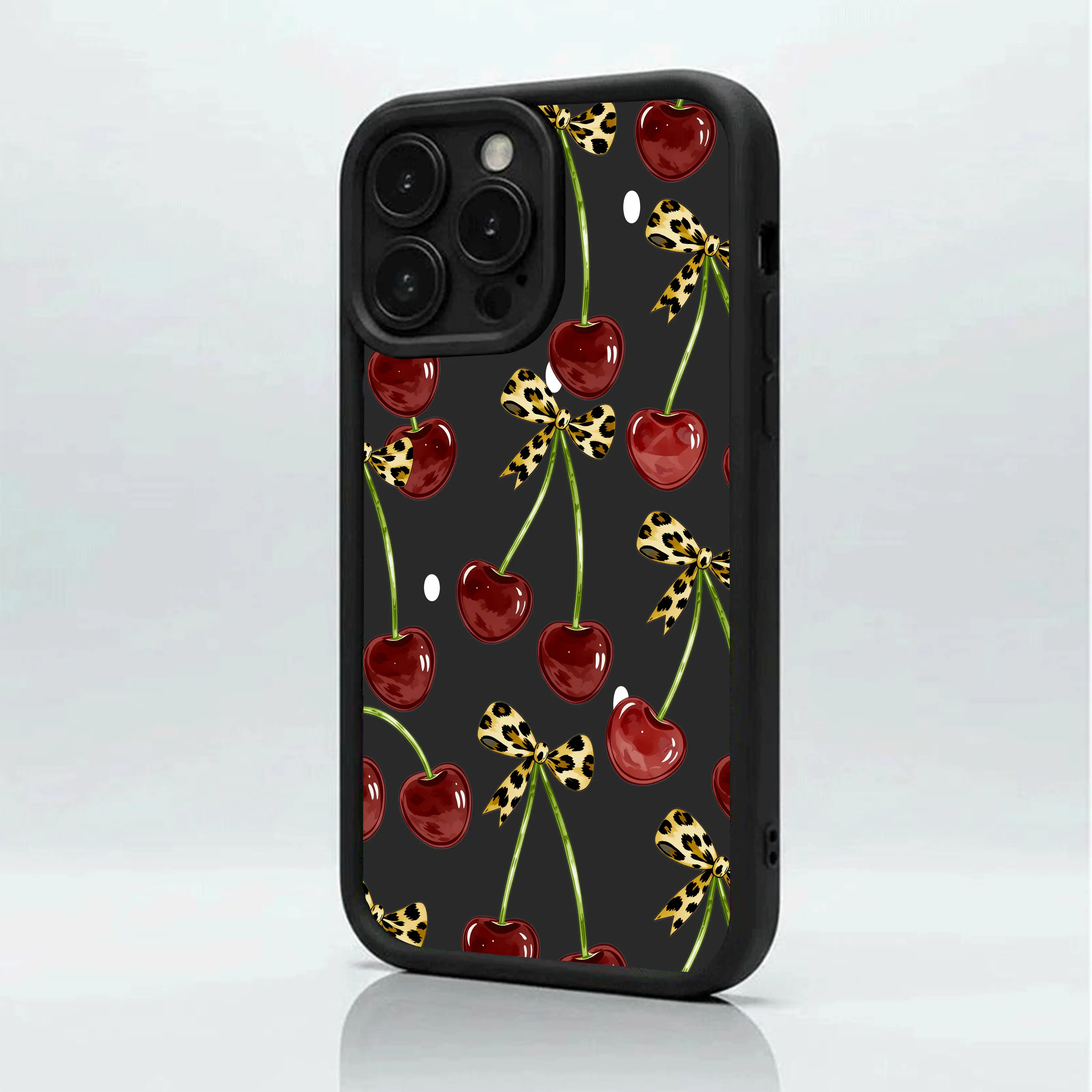 Leopard Bow Cherry Pattern, Matte Non-Slip TPU + Silicone Shockproof Phone Case | Unisex Classic Material | Multi-Model Compatible for iPhone 17-11 Pro Max/Plus/Air & Samsung Galaxy S26-S21 Ultra/Plus/FE